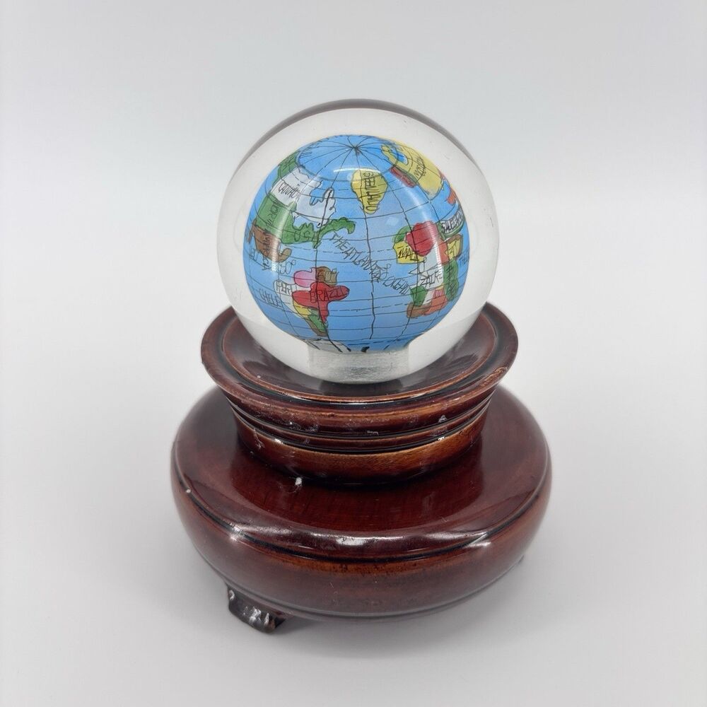 Mini Crystal World Globe Paperweight Clear Glass Ball Wooden Base Desk Decor
